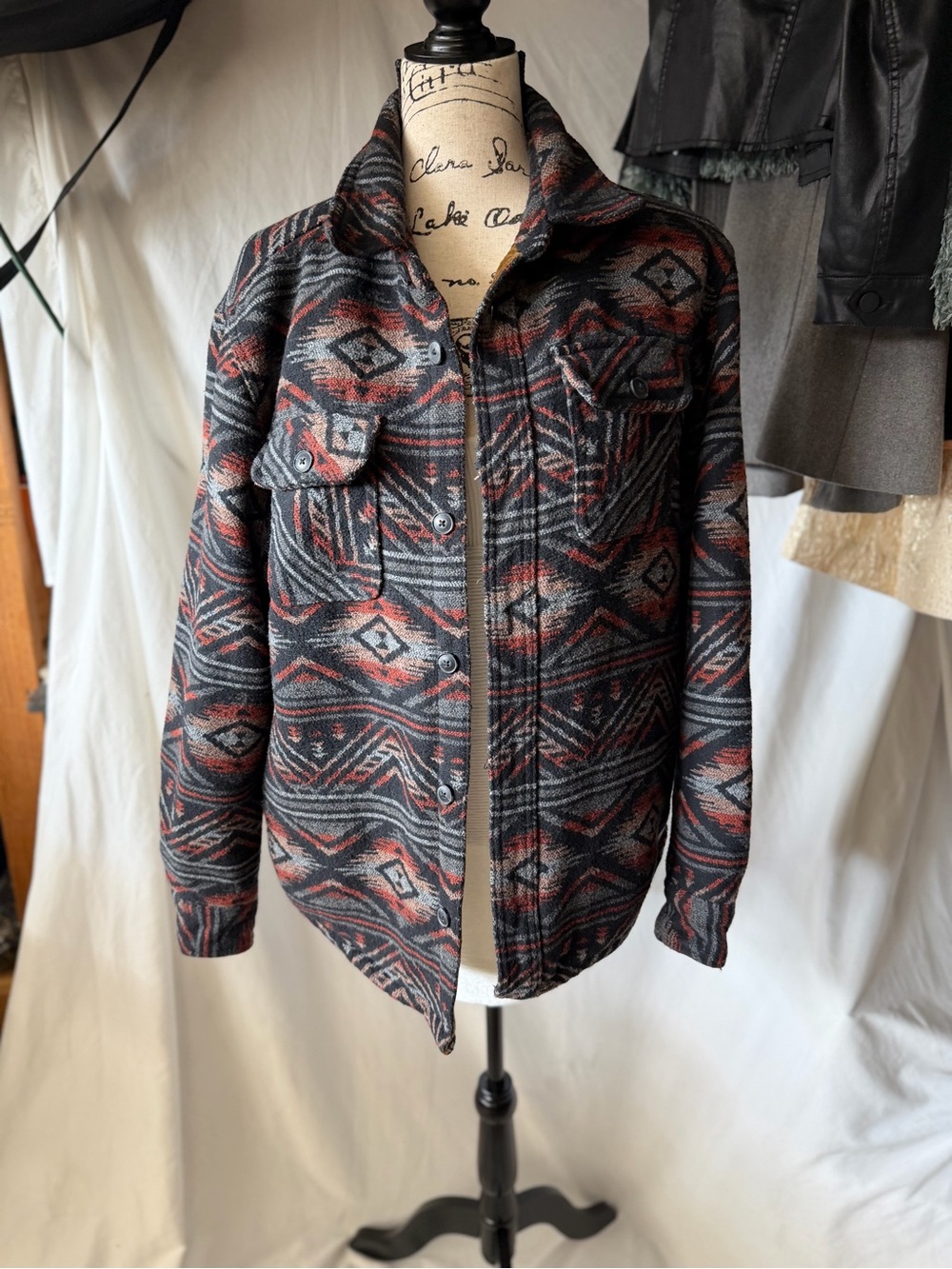 Jachs Black & Red Aztec-Pattern Sherpa lined Lightweight Shacket